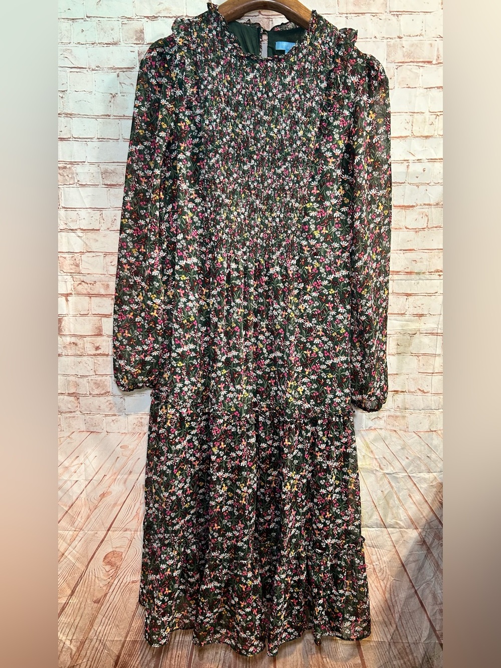 Draper James Green Floral Smocked Long Sleeve Boho Peasant Prairie Midi Dress - Picture 2 of 10